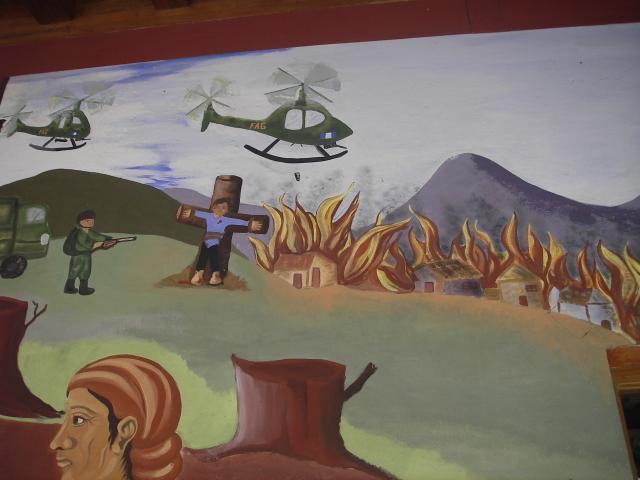 A mural about Guatemala's civil war. Leaving Panajachel we were followed by