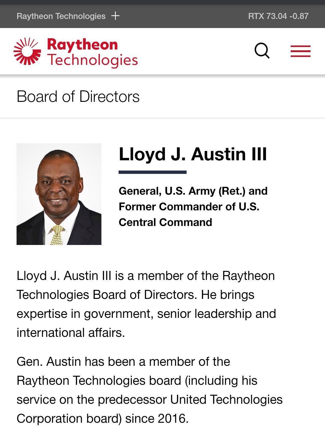 Ben Norton on Twitter: "Biden's defense secretary pick Lloyd Austin has  been on the board of directors of arms company Raytheon since 2016. Trump's  defense secretary until last month, Mark Esper, was