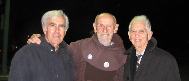 David Krieger, Rev. Louis Vitale, Danel Ellsberg following 2012 arrest at Vandenberg Air Force Base (Photo Credit: Jim Haber)