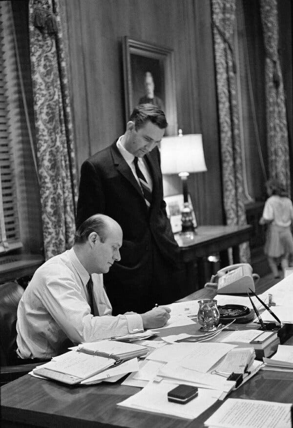 Mr. Clark in 1965, the year he was appointed deputy attorney general, with Attorney General Nicholas deB. Katzenbach. Mr. Clark would succeed Mr. Katzenbach the next year.