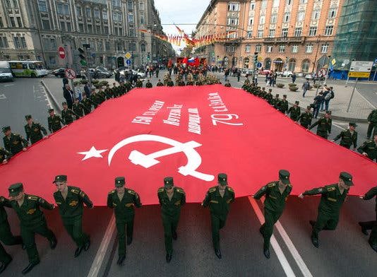 Washington Post Moscow Bureau Chief Distorts History of World War II Cadets carried a copy of the Banner of Victory on Wednesday during a celebration ahead of Victory Day in St. Petersburg.