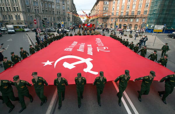 Cadets carried a copy of the Banner of Victory on Wednesday during a celebration ahead of Victory Day in St. Petersburg.