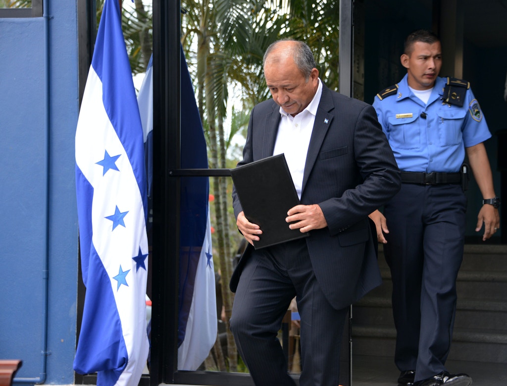 Honduran Security Minister Julian Pacheco prepares to deliver a press conference in Tegucigalpa, on March 7, 2017.  Pacheco denied on Tuesday the accusations made by a former Honduran drug lord currently being held in the United States, of collaborating with drug trafficking. / AFP PHOTO / ORLANDO SIERRA        (Photo credit should read ORLANDO SIERRA/AFP/Getty Images)