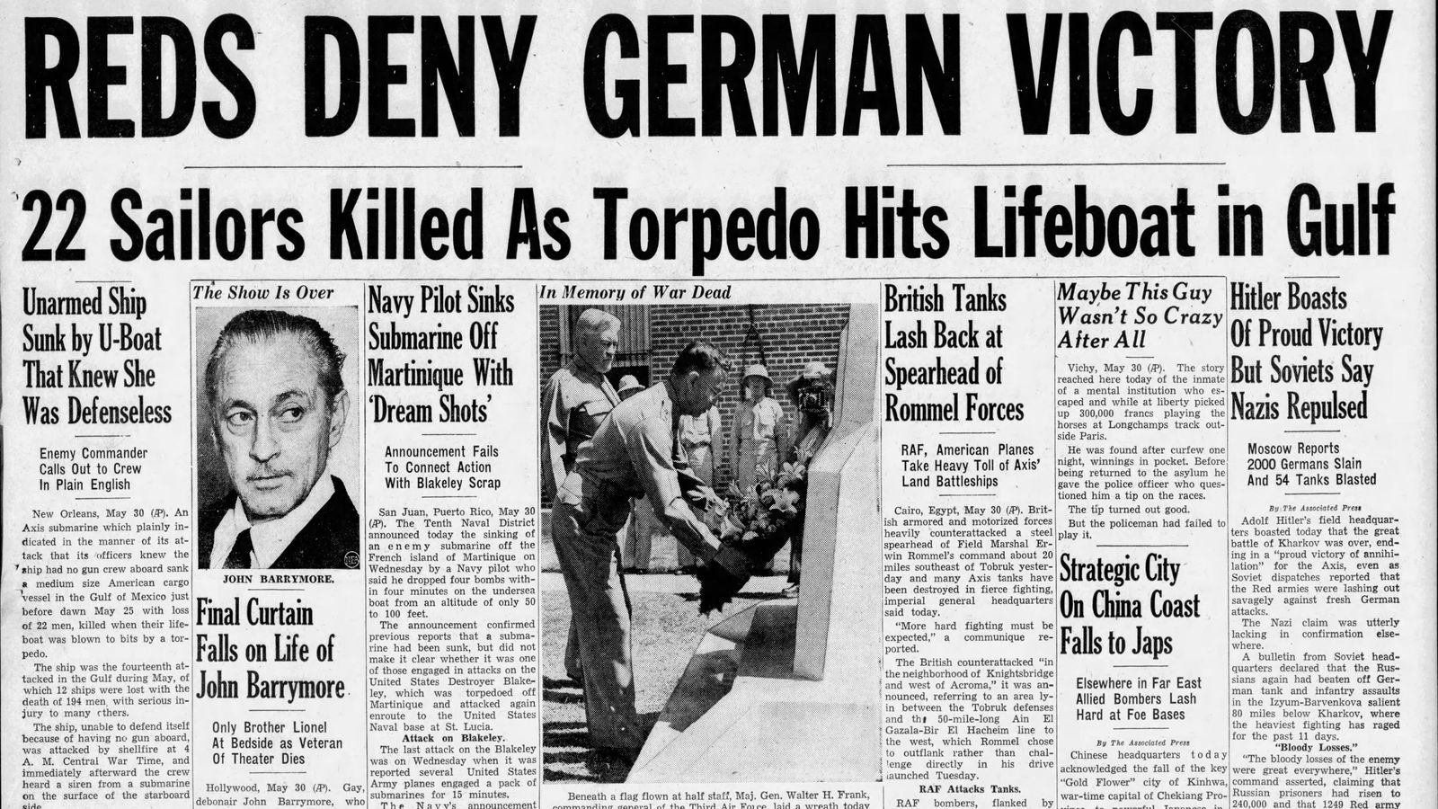 Tampa Daily Times headlines tell of a Nazi submarine attack in New Orleans.