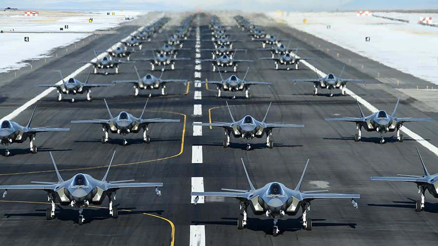 The U.S. Air Force displays two fighter wings of F-35 aircraft at a January exercise in Utah. The Trump administration has notified Congress that it intends to sell up to 50 F-35s to the United Arab Emirates. (Photo: Nial Bradshaw/U.S. Air Force)