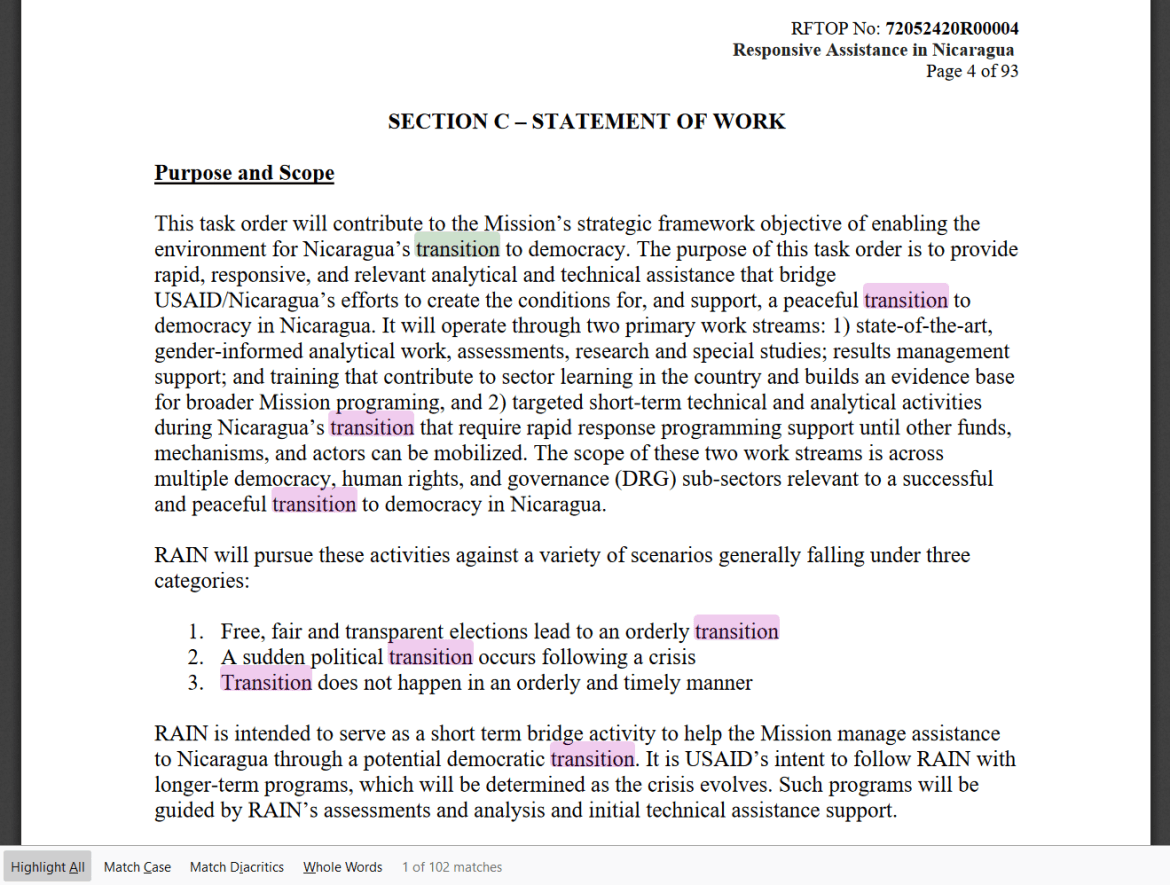 USAID Nicaragua transition coup