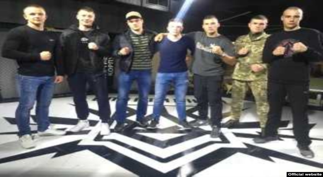 American Robert Rundo (center) with Ukrainian Azov Battalion members at the Reconquista Club in Kyiv on April 27.