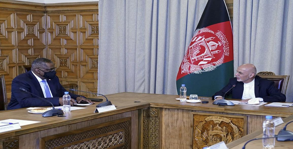 Defense Secretary Lloyd Austin meets Afghan President Ashraf Ghani at the presidential palace in Kabul
