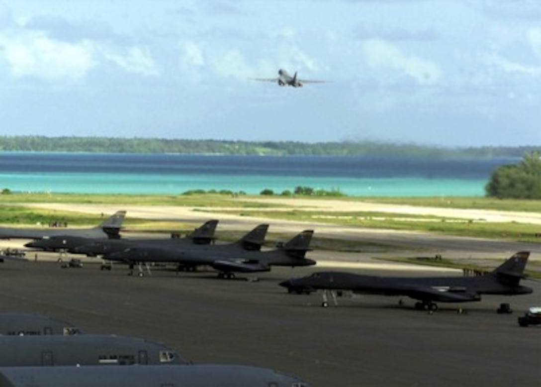 A U.S. Air Force B-1B Lancer bomber takes off on a strike mission against al Qaeda terrorist training camps and military installations of the Taliban regime in Afghanistan on Oct. 7, 2001, during Operation Enduring Freedom. The carefully targeted actions are designed to disrupt the use of Afghanistan as a base for terrorist operations and to attack the military capability of the Taliban regime.