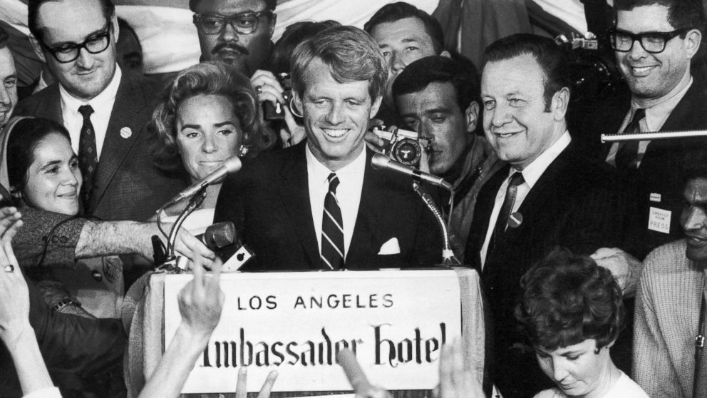 PHOTO: Sen. Robert Kennedy addressing a crowd from a stage with his wife Ethel moments before Kennedy's assassination, Ambassador Hotel in Los Angeles, June 5, 1968.