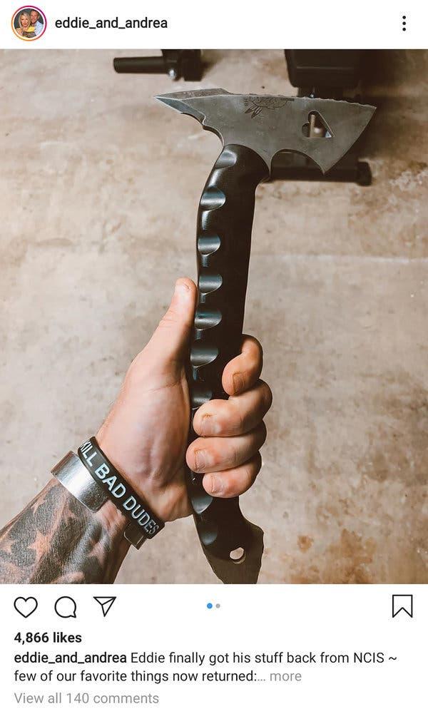 A screenshot from an Instagram account belonging to Chief Petty Officer Gallagher and his wife shows a custom-made hatchet.