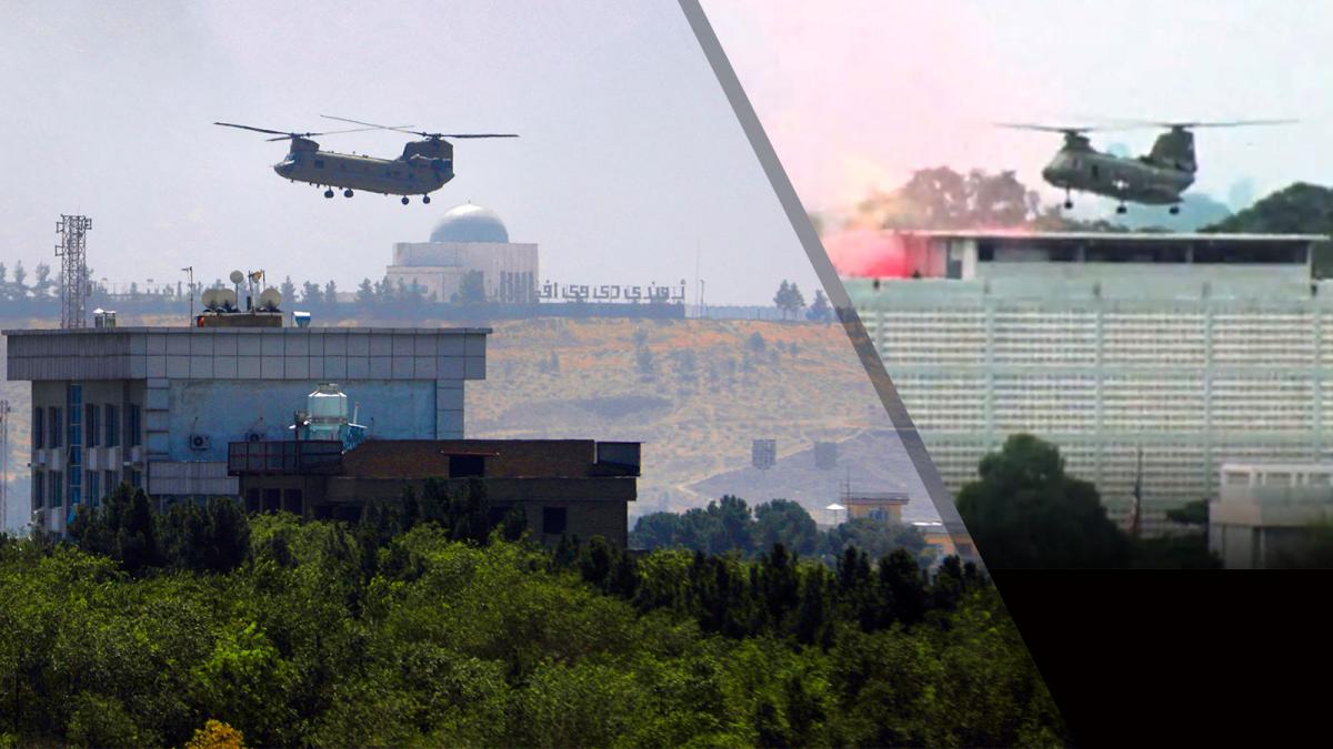 Chinook helicopters ferried personnel from the US embassy compound in Kabul to Hamid Karzai airport yesterday in scenes that recalled the evacuation of the Saigon embassy in 1975