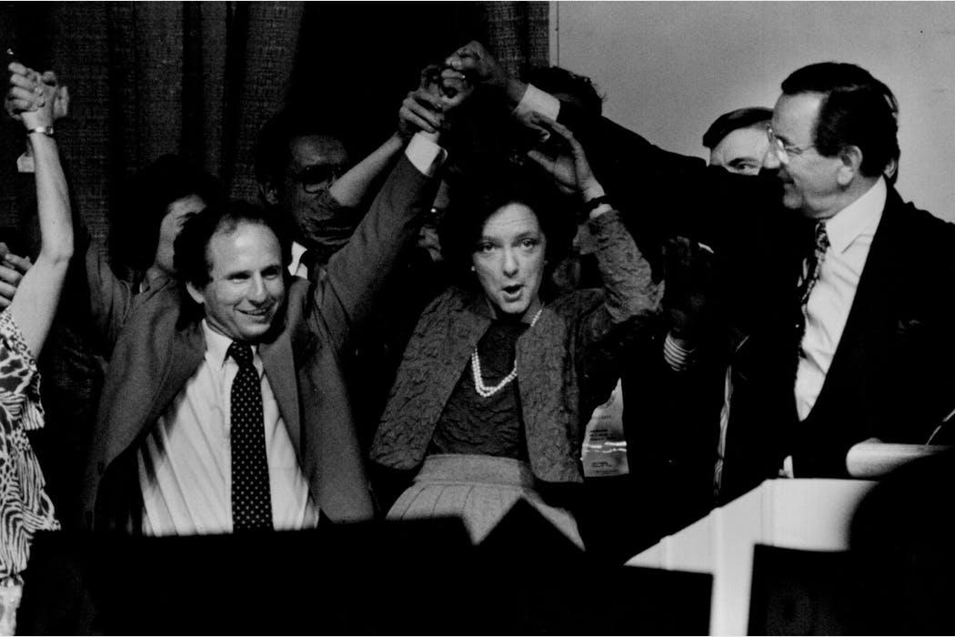 June 10, 1990: Paul Wellstone, Lt. Gov. Marlene Johnson and Gov. Rudy Perpich celebrated after Perpich and Johnson again won endorsement.