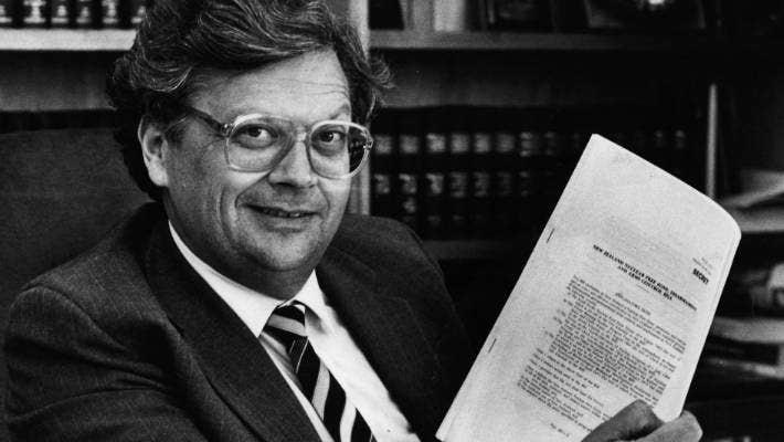 Prime Minister David Lange with his 1985 nuclear free bill.