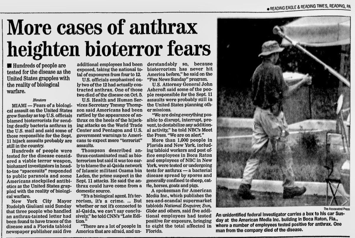 Steven War Ran: October 15, 2001, Reuters - Reading Eagle, page A2, More  cases of anthrax heighten bioterror fears; Hundreds of people are tested  for the disease as the United States grapples