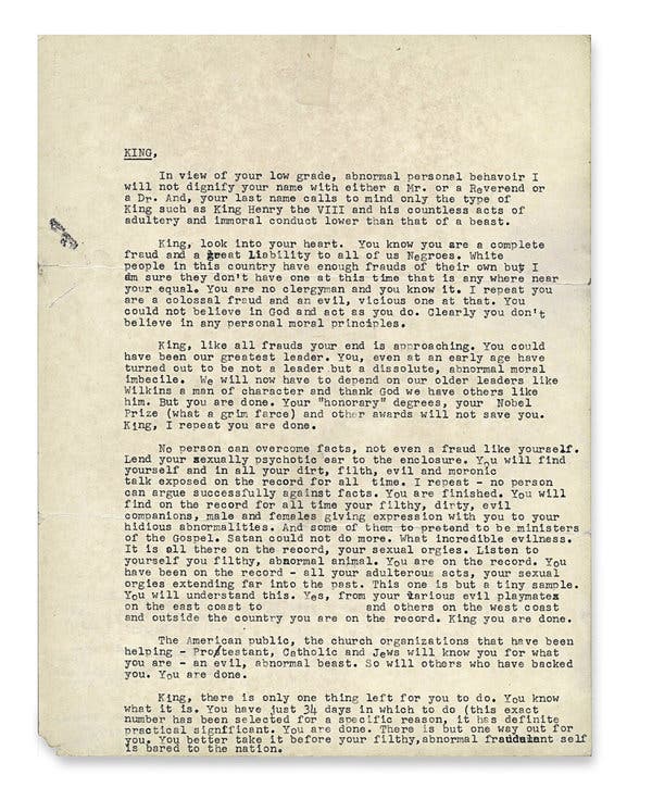 <em> ‘You Are Done’: </em> The letter sent to King by the F.B.I. (One person’s name has been obscured because The Times could not verify or disprove the claims about her.)