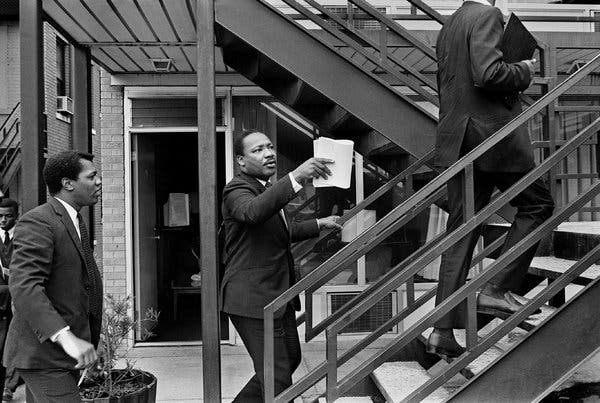 The New York Times reporter Earl Caldwell and Martin Luther King Jr. at the Lorraine Motel in Memphis shortly before the assassination on April 4, 1968.