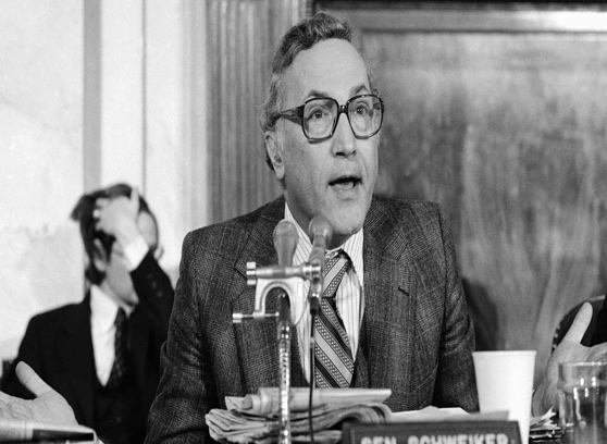 FILE - In this April 4, 1979 file photo, Sen. Richard Schweiker, R-Pa., a member of a Senate Health and Scientific Research subcommittee speaks on Capitol Hill in Washington. Schweiker, a liberal Republican who was the vice presidential candidate in Ronald Reagan's unsuccessful 1976 campaign and later served in Reagan's Cabinet, has died. He was 89.  (AP Photo/Charles Harrity, File)