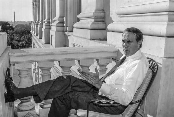 Mr. Dole in 1990 on the balcony adjacent to the Republican leader’s office at the Capitol. The balcony was later named for him.