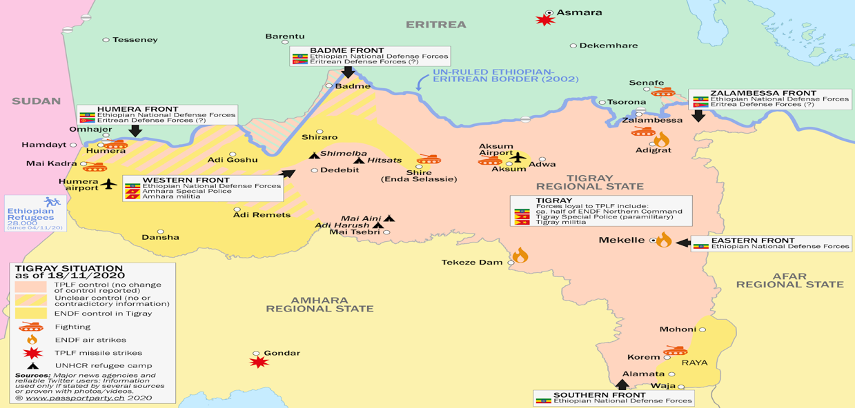 Tigray control map: Rough illustration of territorial control in Ethiopia's Tigray war as known November 18, 2020, showing areas believed to have been captured by Ethiopian government forces as well as areas occupied along the disputed border with Eritrea.