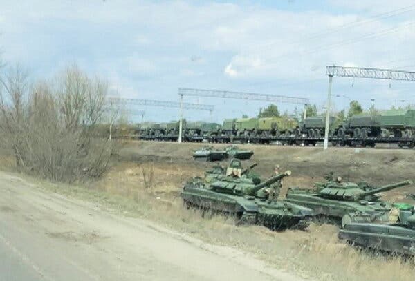 A still image taken from video showing Russian tanks in plain sight this month in Maslovka, in southern Russia.