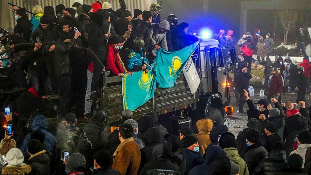 PHOTO: Protesters take part in a rally over a hike in energy prices in Almaty, Kazakhstan, on Jan. 5, 2022.