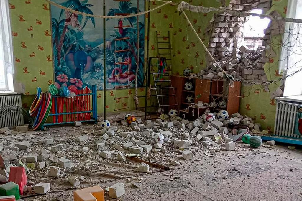 a view of a kindergarten building after alleged shelling by separatists forces in Stanytsia Luhanska, eastern Ukraine