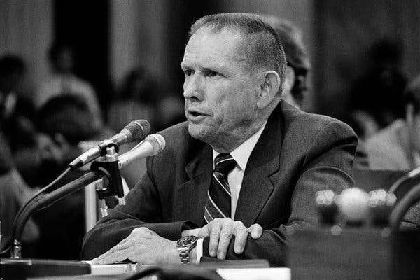 John K. Singlaub testifying at the Iran-contra hearings in 1987. He was “the kind of guy you’d like to have on your side in a barroom brawl,” Pat Murphy, the publisher of The Arizona Republic, once said.
