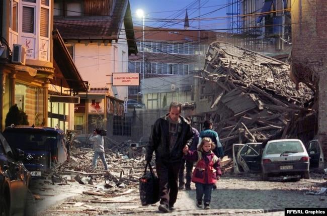 A person and two children walking on a street with rubble on the ground

Description automatically generated with low confidence
