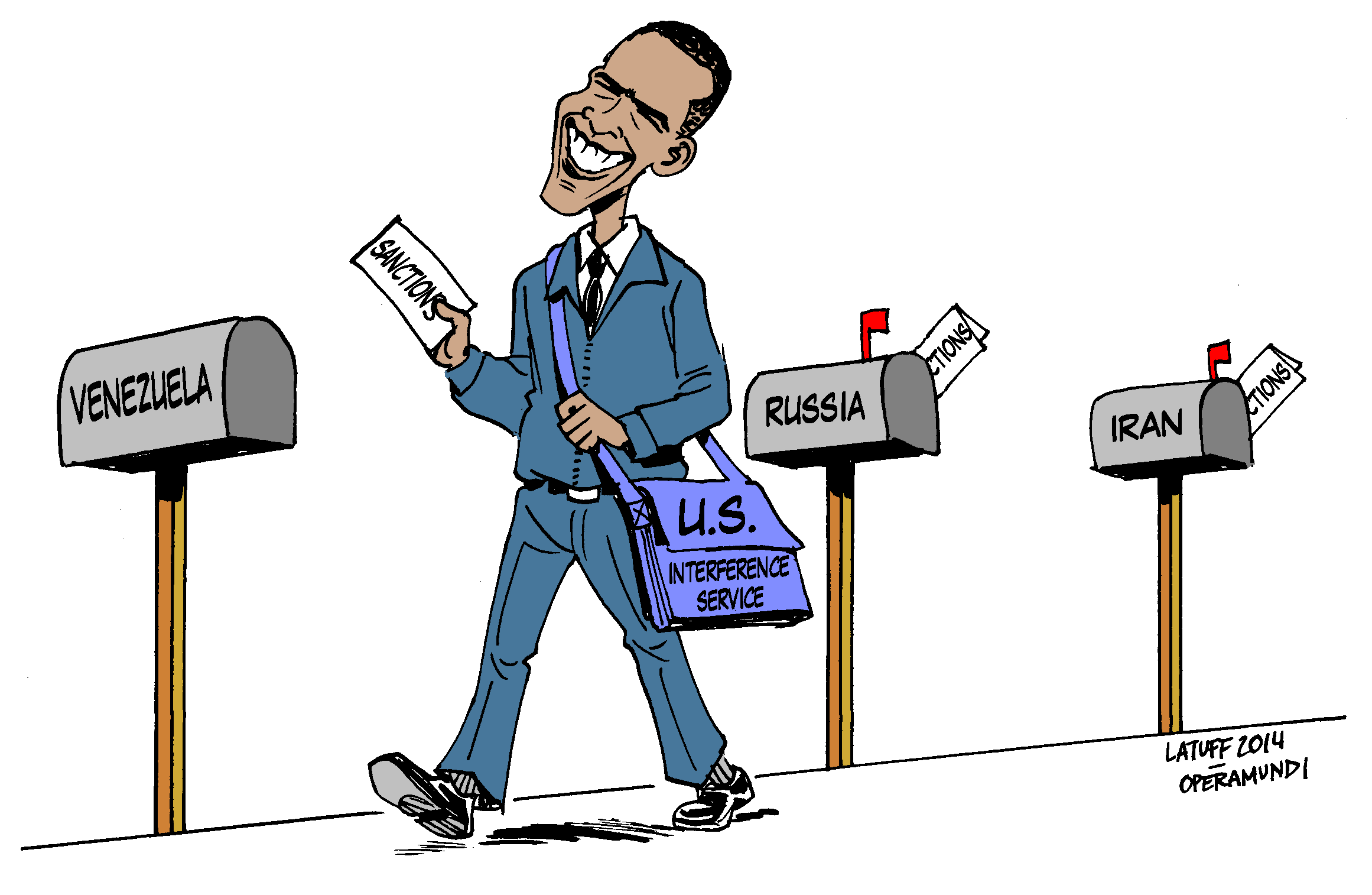 Cartoon @Operamundi – @BarackObama's Interference Service – #Venezuela #Russia #Iran | Latuff Cartoons