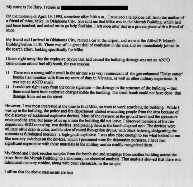 r/OKCbombingconspiracy - Affidavit of Joe Harp, former CIA operative, who asserted that fulminated mercury bombs were being removed from the Murrah Building as rescue efforts were going on.