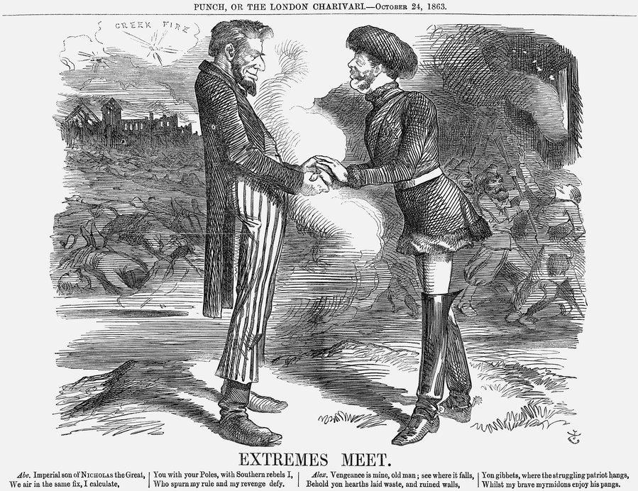 <p>Cartoon depicting Abraham Lincoln and Alexander II shaking hands as fighting and death take place around them (Photo: Getty Images)</p>
