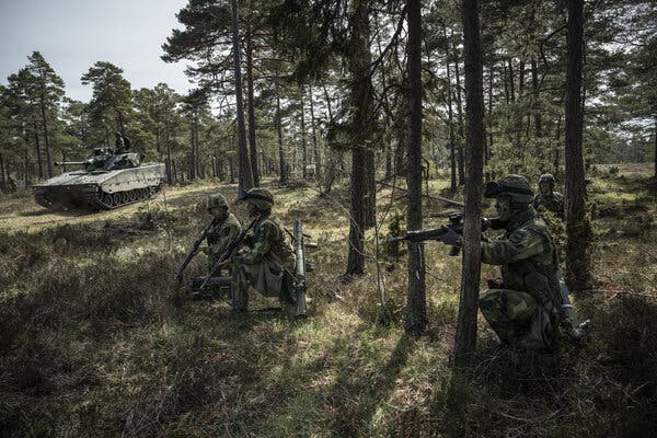 Troops with the Gotland regiment of the Swedish army, during a training routine on Gotland island this week.