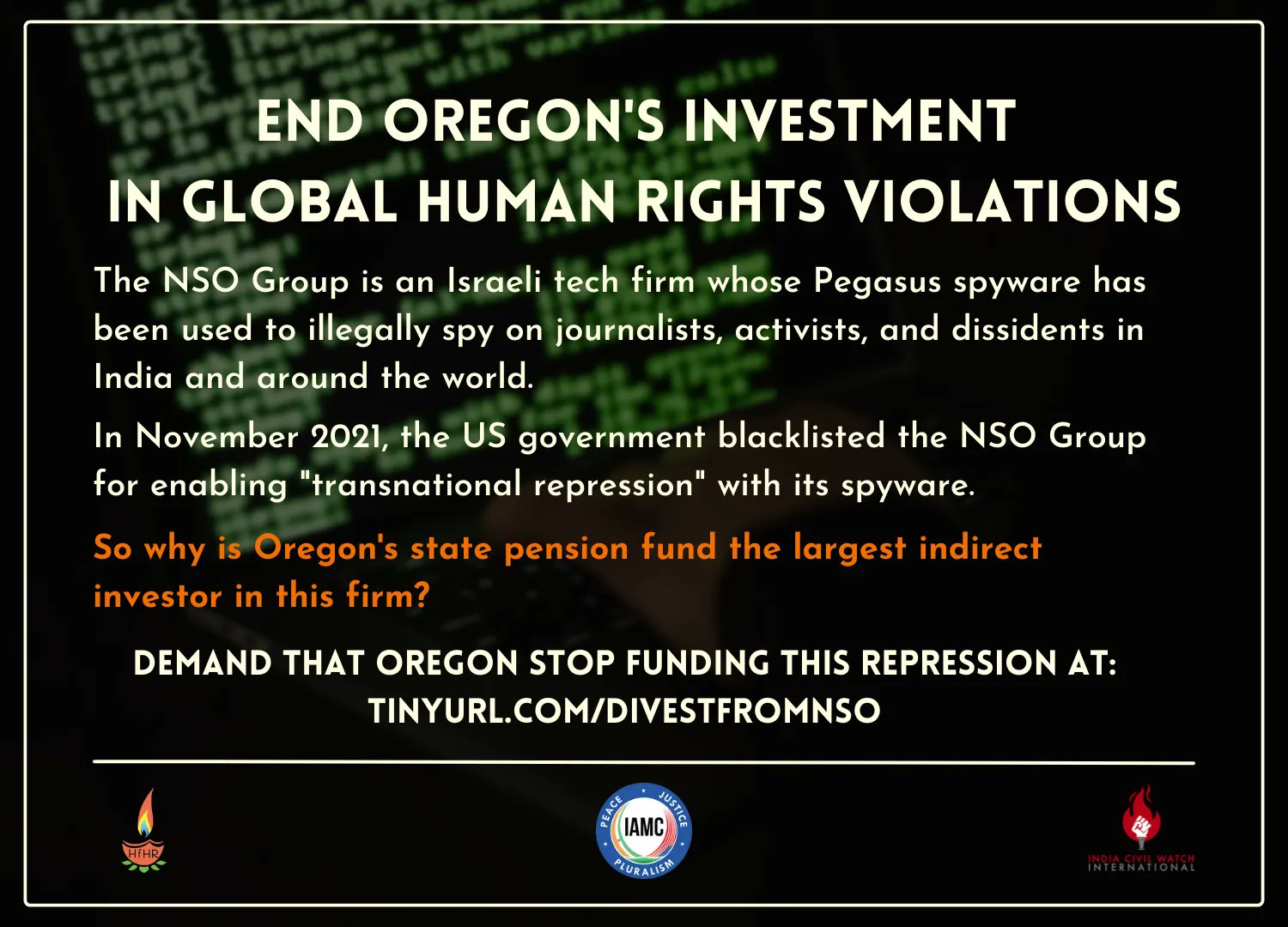 Hindus for Human Rights on Twitter: "Oregon's state pension fund  @OregonTreasury invests in the NSO Group, whose spyware has been used by  authoritarian regimes in India, Israel, and around the world to