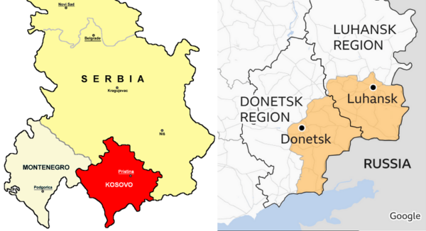 Maps of Kosovo in Serbia and Donbas in Ukraine from Wikipedia and BBC