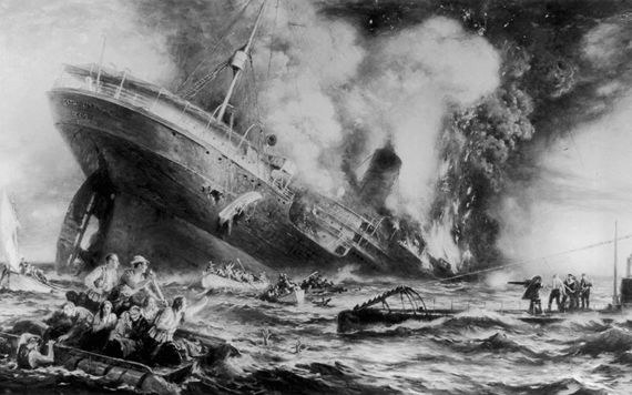 A painting illustrating the sinking of the Luisitania.