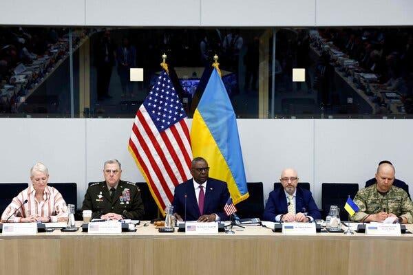 After a meeting in Brussels this month, Gen. Mark A. Milley, second from the left, and military leaders from nearly 50 countries pledged to increase the flow of advanced artillery to Ukraine.
