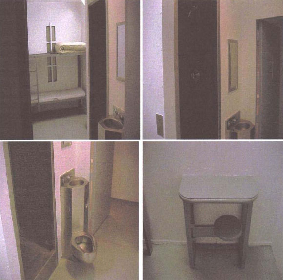 pictures depicting a typical ADMAX SHU cell and show (moving clockwise from top left) the bunk bed, shower, seating area, and combination toilet and sink fixture.