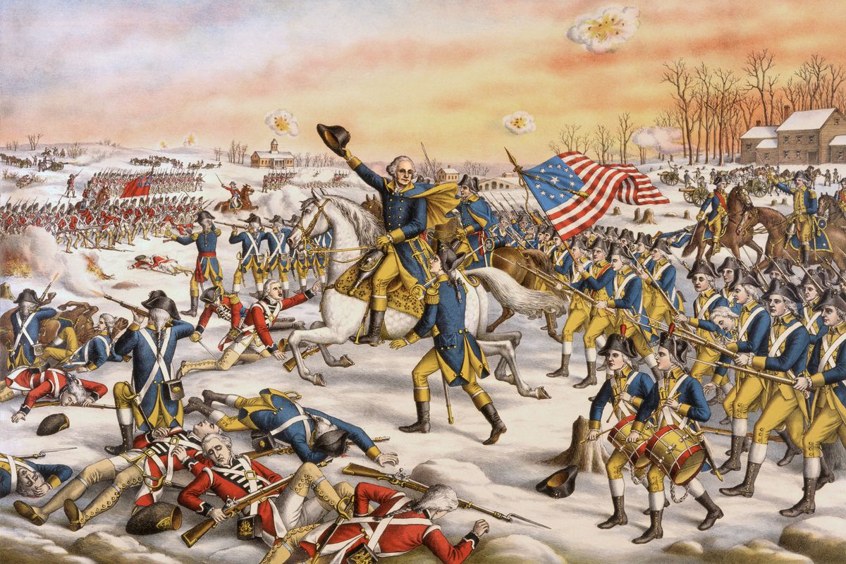 General George Washington leads the Continental Army in the Battle of Princeton during the American Revolutionary War.