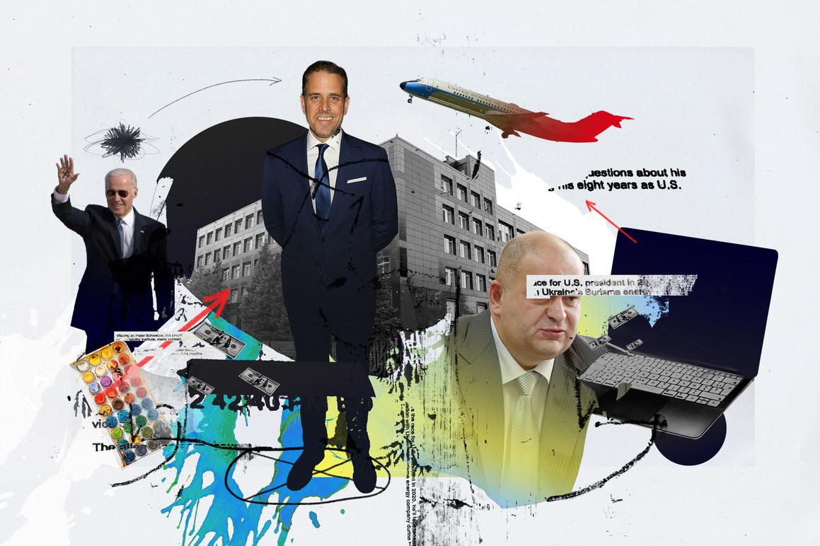 A photo illustration of Hunter Biden surrounded by elements including painting supplies, laptop, Joe Biden, Burisma's headquarters and executive, snippets of documents
