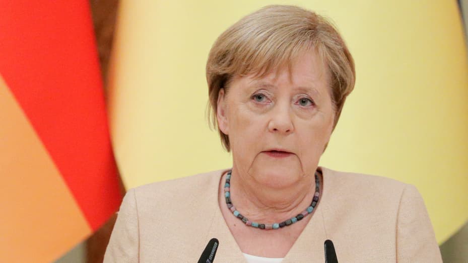 German Chancellor Angela Merkel gives a joint news conference with Ukrainian President following their talks at the Mariinsky palace in Kiev, on August 22, 2021.