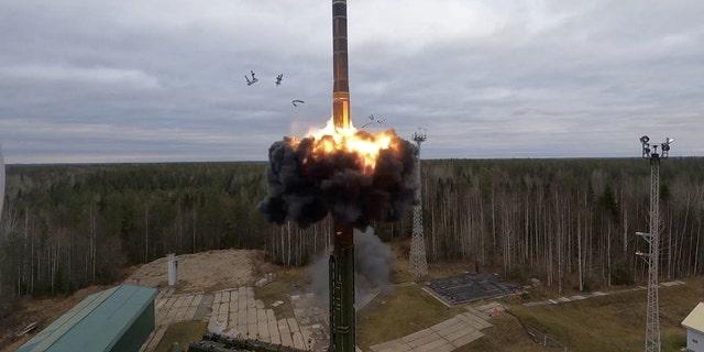 Russia's Yars intercontinental ballistic missile launched during exercises held by the country's strategic nuclear forces at the Plesetsk Cosmodrome, Russia, Oct. 26, 2022.