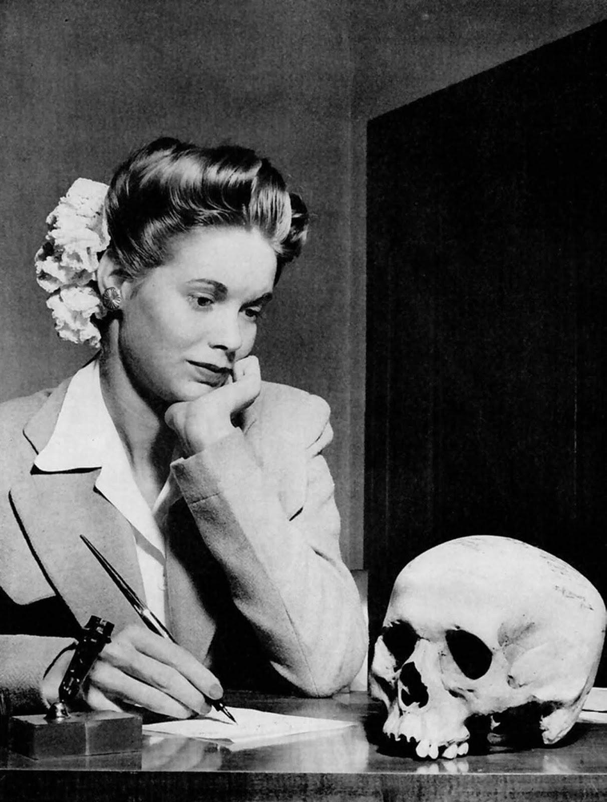 “Arizona war worker writes her Navy boyfriend a thank-you note for the Jap skull he sent her.” LIFE magazine’s “Picture of the Week,” May 22, 1944. 