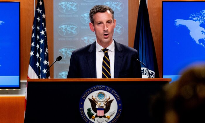 State Department spokesman Ned Price speaks on the situation in Afghanistan at the State Department in Washington, D.C., on Aug. 18, 2021. (ANDREW HARNIK/POOL/AFP via Getty Images)