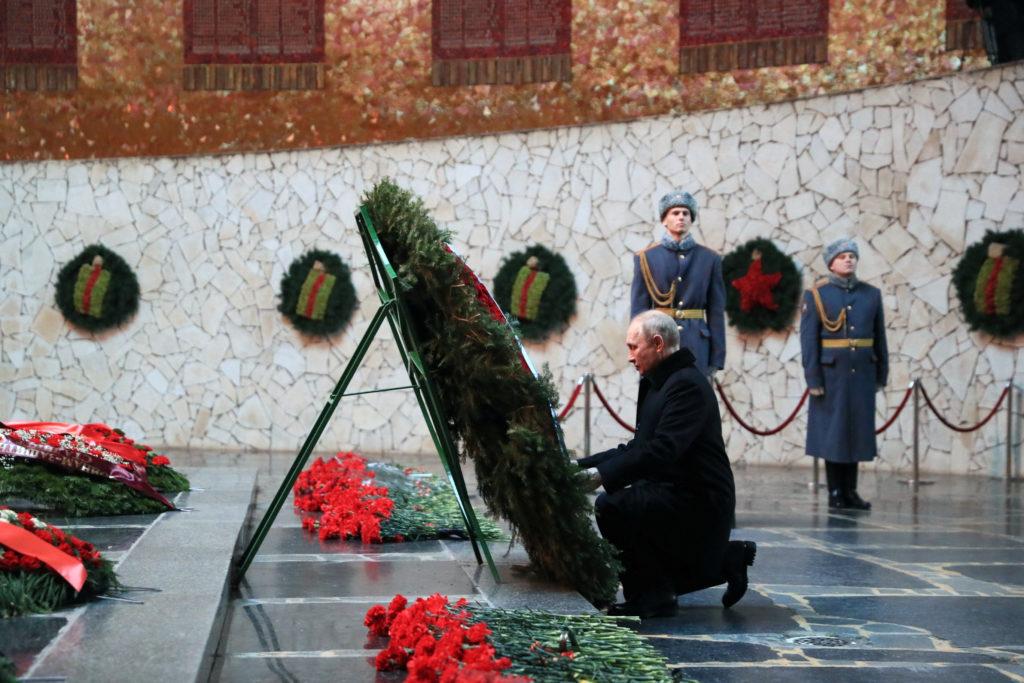 Russian President Vladimir Putin attends a wreath-laying ceremony during an event marking the 80th anniversary of the Batt...