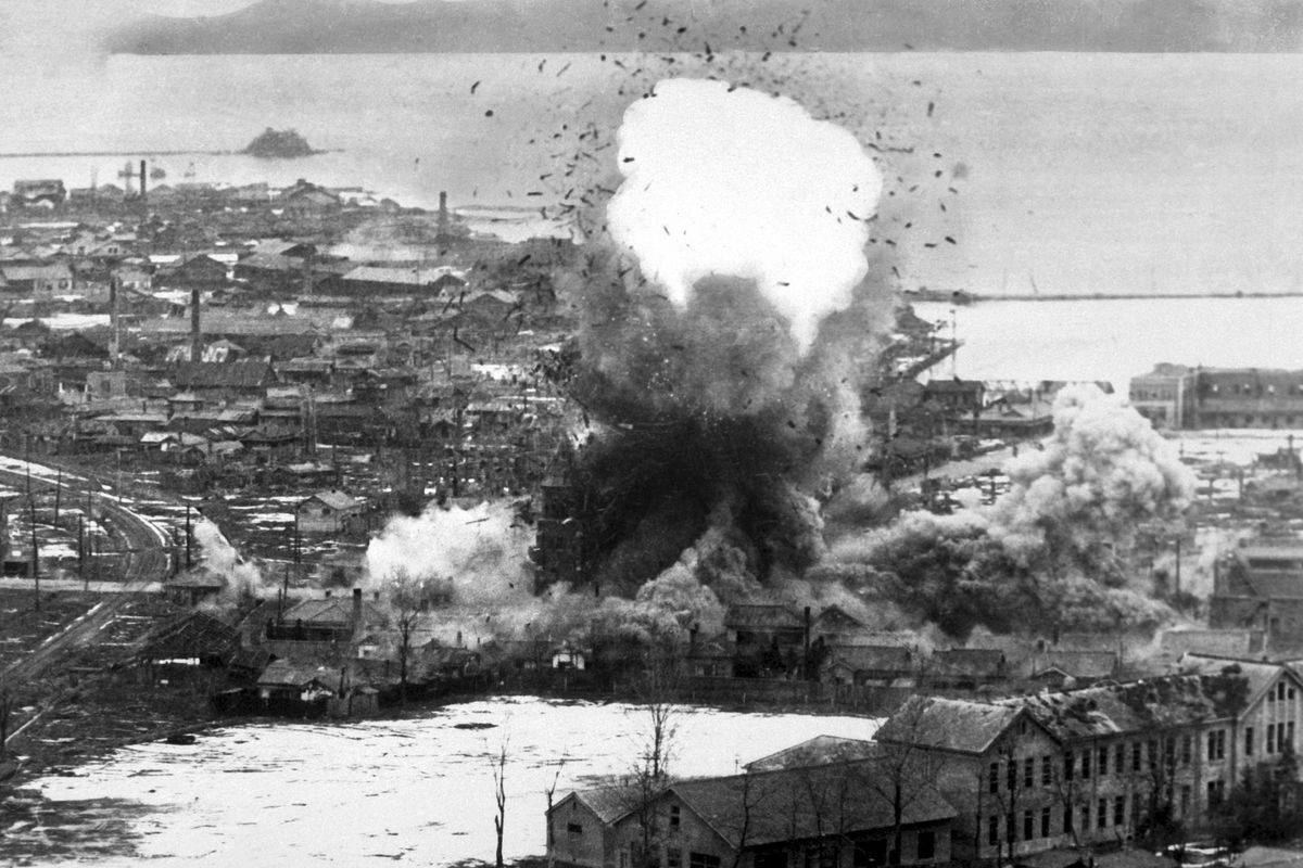 A US B-26 bomber drops a bomb on the North Korean city of Wonsan in 1951.