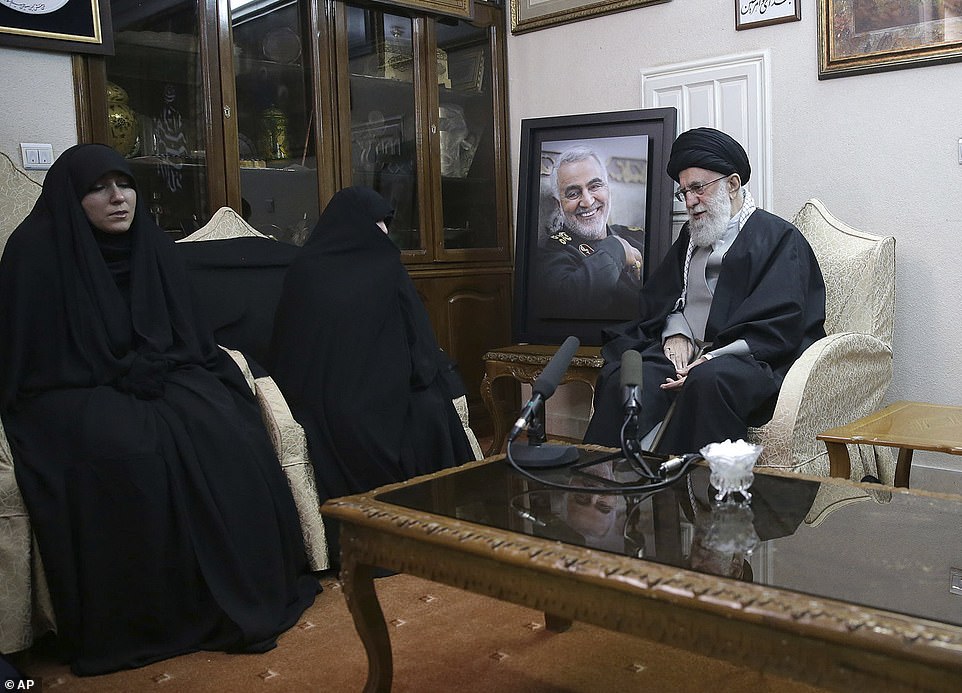 Supreme Leader Ayatollah Ali Khamenei (center) meets family of Iranian Revolutionary Guard General Qassem Soleimani, who was killed in the U.S. airstrike in Iraq, at his home in Tehran on Friday