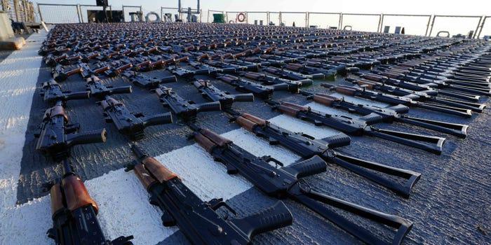 Thousands of AK-47 assault rifles sit on the flight deck of guided-missile destroyer USS The Sullivans (DDG 68) during an inventory process, Jan. 7. U.S. naval forces seized 2,116 AK-47 assault rifles from a fishing vessel transiting along a maritime route from Iran to Yemen.