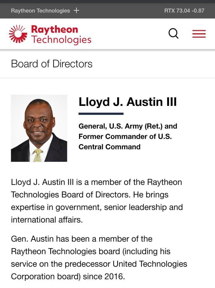 Ben Norton on Twitter: "Biden's defense secretary pick Lloyd Austin has been on the board of directors of arms company Raytheon since 2016. Trump's defense secretary until last month, Mark Esper, was