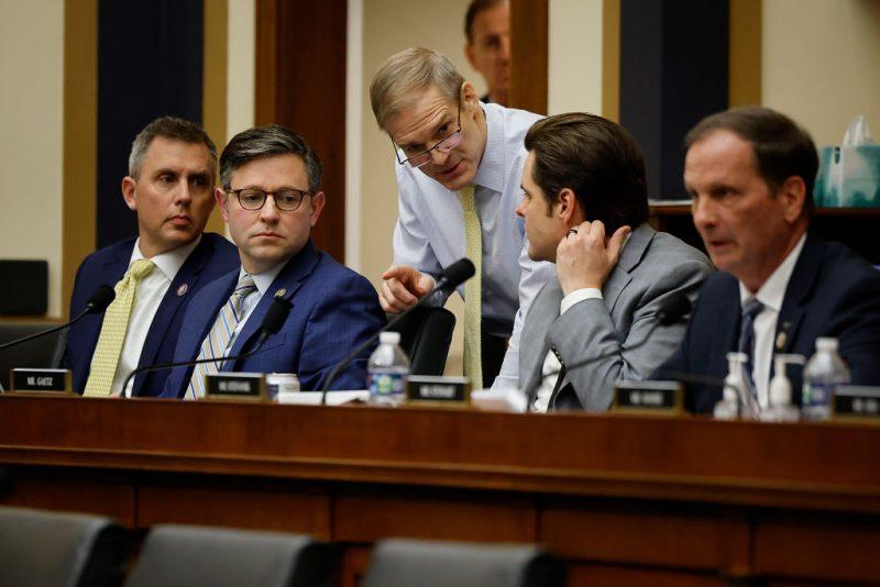 House Judiciary Committee Chairman Jim Jordan (R-OH) (C) talks with fellow Weaponization of the Federal Government Subcommittee (L-R) Rep. Kelly Armstrong (R-ND), Rep. Mike Johnson (R-LA), Rep. Matt Gaetz (R-FL) and Rep. Chris Stewart (R-UT) during their first hearing in the Rayburn House Office Building on Capitol Hill on February 09, 2023 in Washington, DC. This was the first hearing of the new subcommittee, created by a sharply divided Congress to scrutinize what Republican members have charged is an effort by the federal government to target and silence conservatives. (Photo by Chip Somodevilla/Getty Images)